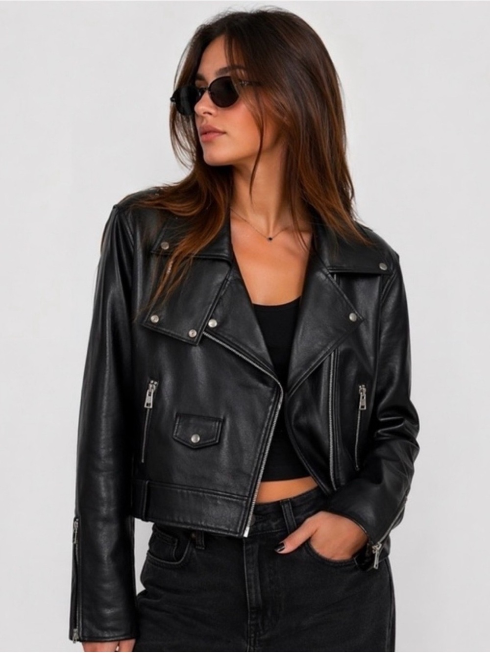 NEW! ANTONIO MELANI Bettina Black 100% Leather Cropped Moto Jacket size xl